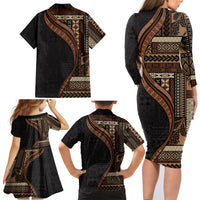 Samoa Siapo Motif and Tapa Pattern Half Style Family Matching Long Sleeve Bodycon Dress and Hawaiian Shirt Black Color LT03 - Polynesian Pride