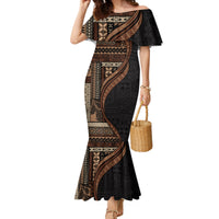 Samoa Siapo Motif and Tapa Pattern Half Style Family Matching Mermaid Dress and Hawaiian Shirt Black Color LT03 Mom's Dress Black - Polynesian Pride