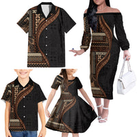 Samoa Siapo Motif and Tapa Pattern Half Style Family Matching Off The Shoulder Long Sleeve Dress and Hawaiian Shirt Black Color LT03 - Polynesian Pride