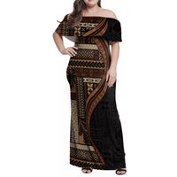Samoa Siapo Motif and Tapa Pattern Half Style Family Matching Off Shoulder Maxi Dress and Hawaiian Shirt Black Color LT03 Mom's Dress Black - Polynesian Pride