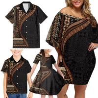 Samoa Siapo Motif and Tapa Pattern Half Style Family Matching Off Shoulder Short Dress and Hawaiian Shirt Black Color LT03 - Polynesian Pride