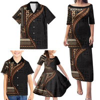 Samoa Siapo Motif and Tapa Pattern Half Style Family Matching Puletasi and Hawaiian Shirt Black Color LT03 - Polynesian Pride