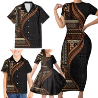 Samoa Siapo Motif and Tapa Pattern Half Style Family Matching Short Sleeve Bodycon Dress and Hawaiian Shirt Black Color LT03 - Polynesian Pride