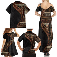 Samoa Siapo Motif and Tapa Pattern Half Style Family Matching Summer Maxi Dress and Hawaiian Shirt Black Color LT03 - Polynesian Pride