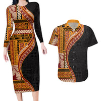Samoa Siapo Motif and Tapa Pattern Half Style Couples Matching Long Sleeve Bodycon Dress and Hawaiian Shirt Yellow Color LT03 Yellow - Polynesian Pride