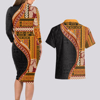 Samoa Siapo Motif and Tapa Pattern Half Style Couples Matching Long Sleeve Bodycon Dress and Hawaiian Shirt Yellow Color LT03 - Polynesian Pride