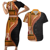 Samoa Siapo Motif and Tapa Pattern Half Style Couples Matching Short Sleeve Bodycon Dress and Hawaiian Shirt Yellow Color LT03 Yellow - Polynesian Pride