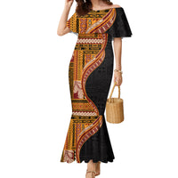 Samoa Siapo Motif and Tapa Pattern Half Style Family Matching Mermaid Dress and Hawaiian Shirt Yellow Color LT03 Mom's Dress Yellow - Polynesian Pride
