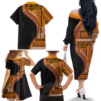 Samoa Siapo Motif and Tapa Pattern Half Style Family Matching Off The Shoulder Long Sleeve Dress and Hawaiian Shirt Yellow Color LT03 - Polynesian Pride