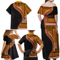 Samoa Siapo Motif and Tapa Pattern Half Style Family Matching Off Shoulder Maxi Dress and Hawaiian Shirt Yellow Color LT03 - Polynesian Pride
