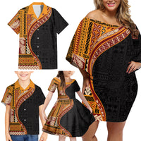 Samoa Siapo Motif and Tapa Pattern Half Style Family Matching Off Shoulder Short Dress and Hawaiian Shirt Yellow Color LT03 - Polynesian Pride
