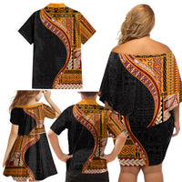 Samoa Siapo Motif and Tapa Pattern Half Style Family Matching Off Shoulder Short Dress and Hawaiian Shirt Yellow Color LT03 - Polynesian Pride