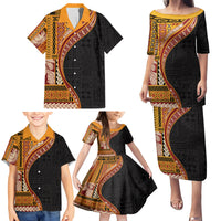 Samoa Siapo Motif and Tapa Pattern Half Style Family Matching Puletasi and Hawaiian Shirt Yellow Color LT03 - Polynesian Pride