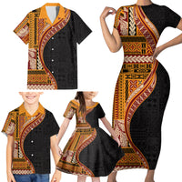 Samoa Siapo Motif and Tapa Pattern Half Style Family Matching Short Sleeve Bodycon Dress and Hawaiian Shirt Yellow Color LT03 - Polynesian Pride