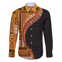 Samoa Siapo Motif and Tapa Pattern Half Style Family Matching Summer Maxi Dress and Hawaiian Shirt Yellow Color LT03 Dad's Shirt - Long Sleeve Yellow - Polynesian Pride