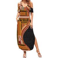 Samoa Siapo Motif and Tapa Pattern Half Style Family Matching Summer Maxi Dress and Hawaiian Shirt Yellow Color LT03 Mom's Dress Yellow - Polynesian Pride