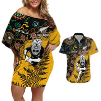 Custom New Zealand and Australia Rugby Couples Matching Off Shoulder Short Dress and Hawaiian Shirt Maori Warrior With Aboriginal Version LT03 Black - Polynesian Pride