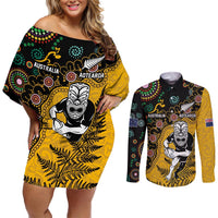 Custom New Zealand and Australia Rugby Couples Matching Off Shoulder Short Dress and Long Sleeve Button Shirt Maori Warrior With Aboriginal Version LT03 Black - Polynesian Pride