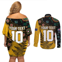 Custom New Zealand and Australia Rugby Couples Matching Off Shoulder Short Dress and Long Sleeve Button Shirt Maori Warrior With Aboriginal Version LT03 - Polynesian Pride