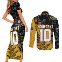 Custom New Zealand and Australia Rugby Couples Matching Short Sleeve Bodycon Dress and Long Sleeve Button Shirt Maori Warrior With Aboriginal Version LT03 - Polynesian Pride