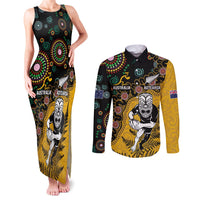 Custom New Zealand and Australia Rugby Couples Matching Tank Maxi Dress and Long Sleeve Button Shirt Maori Warrior With Aboriginal Version LT03 Black - Polynesian Pride