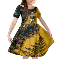 Custom New Zealand and Australia Rugby Family Matching Off The Shoulder Long Sleeve Dress and Hawaiian Shirt Maori Warrior With Aboriginal Version LT03 Daughter's Dress Black - Polynesian Pride