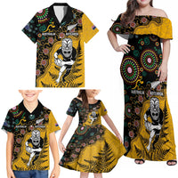 Custom New Zealand and Australia Rugby Family Matching Off Shoulder Maxi Dress and Hawaiian Shirt Maori Warrior With Aboriginal Version LT03 - Polynesian Pride