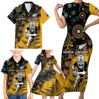 Custom New Zealand and Australia Rugby Family Matching Short Sleeve Bodycon Dress and Hawaiian Shirt Maori Warrior With Aboriginal Version LT03 - Polynesian Pride