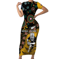Custom New Zealand and Australia Rugby Short Sleeve Bodycon Dress Maori Warrior With Aboriginal Version LT03 Long Dress Black - Polynesian Pride