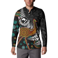 New Zealand Fern and Australia Emu Button Sweatshirt Aboriginal Mix Maori Pattern