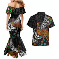 New Zealand Fern and Australia Emu Couples Matching Mermaid Dress and Hawaiian Shirt Aboriginal Mix Maori Pattern LT03 - Polynesian Pride