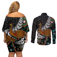 New Zealand Fern and Australia Emu Couples Matching Off Shoulder Short Dress and Long Sleeve Button Shirt Aboriginal Mix Maori Pattern LT03 - Polynesian Pride