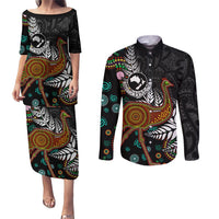 New Zealand Fern and Australia Emu Couples Matching Puletasi and Long Sleeve Button Shirt Aboriginal Mix Maori Pattern LT03 Blue - Polynesian Pride