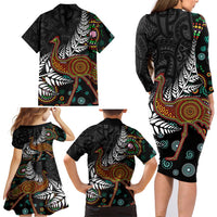 New Zealand Fern and Australia Emu Family Matching Long Sleeve Bodycon Dress and Hawaiian Shirt Aboriginal Mix Maori Pattern LT03 - Polynesian Pride