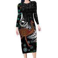 New Zealand Fern and Australia Emu Family Matching Long Sleeve Bodycon Dress and Hawaiian Shirt Aboriginal Mix Maori Pattern LT03 Mom's Dress Blue - Polynesian Pride