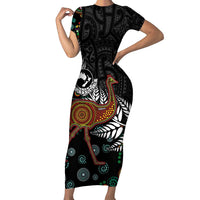 New Zealand Fern and Australia Emu Family Matching Short Sleeve Bodycon Dress and Hawaiian Shirt Aboriginal Mix Maori Pattern LT03 Mom's Dress Blue - Polynesian Pride