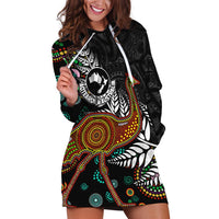 New Zealand Fern and Australia Emu Hoodie Dress Aboriginal Mix Maori Pattern LT03 Blue - Polynesian Pride