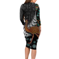 New Zealand Fern and Australia Emu Long Sleeve Bodycon Dress Aboriginal Mix Maori Pattern LT03 - Polynesian Pride