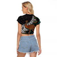 New Zealand Fern and Australia Emu Raglan Cropped T Shirt Aboriginal Mix Maori Pattern