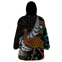 New Zealand Fern and Australia Emu Wearable Blanket Hoodie Aboriginal Mix Maori Pattern LT03 - Polynesian Pride