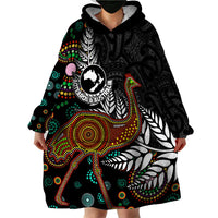 New Zealand Fern and Australia Emu Wearable Blanket Hoodie Aboriginal Mix Maori Pattern LT03 - Polynesian Pride