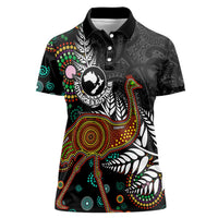 New Zealand Fern and Australia Emu Women Polo Shirt Aboriginal Mix Maori Pattern LT03 Female Blue - Polynesian Pride