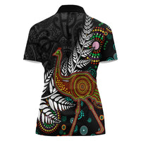 New Zealand Fern and Australia Emu Women Polo Shirt Aboriginal Mix Maori Pattern LT03 - Polynesian Pride