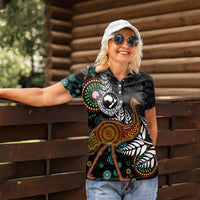 New Zealand Fern and Australia Emu Women Polo Shirt Aboriginal Mix Maori Pattern LT03 - Polynesian Pride