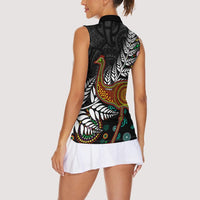 New Zealand Fern and Australia Emu Women Sleeveless Polo Shirt Aboriginal Mix Maori Pattern LT03 - Polynesian Pride