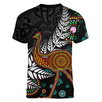 New Zealand Fern and Australia Emu Women V-Neck T-Shirt Aboriginal Mix Maori Pattern LT03 - Polynesian Pride