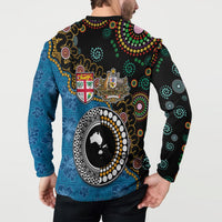 Fiji Palm Tree and Australia Kangaroo Button Sweatshirt Aboriginal Mix Tapa Pattern