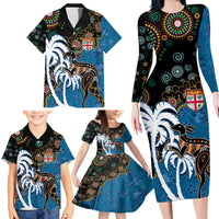 Fiji Palm Tree and Australia Kangaroo Family Matching Long Sleeve Bodycon Dress and Hawaiian Shirt Aboriginal Mix Tapa Pattern LT03 - Polynesian Pride