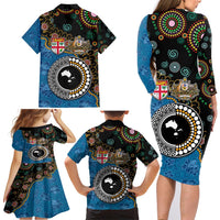 Fiji Palm Tree and Australia Kangaroo Family Matching Long Sleeve Bodycon Dress and Hawaiian Shirt Aboriginal Mix Tapa Pattern LT03 - Polynesian Pride