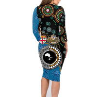 Fiji Palm Tree and Australia Kangaroo Family Matching Long Sleeve Bodycon Dress and Hawaiian Shirt Aboriginal Mix Tapa Pattern LT03 - Polynesian Pride